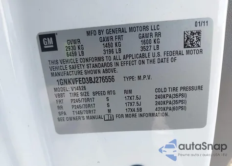 2011 Chevrolet Traverse Ls из США, поврежденный, VIN 1GNKVFED3BJ276556